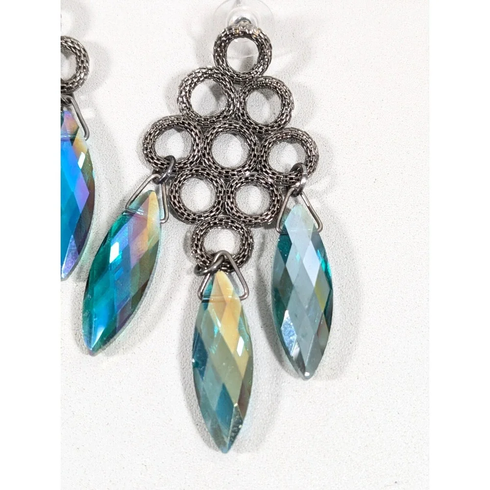 Gunmetal Mesh Chain Chandelier Earrings Green AB Crystal‎ Dangle